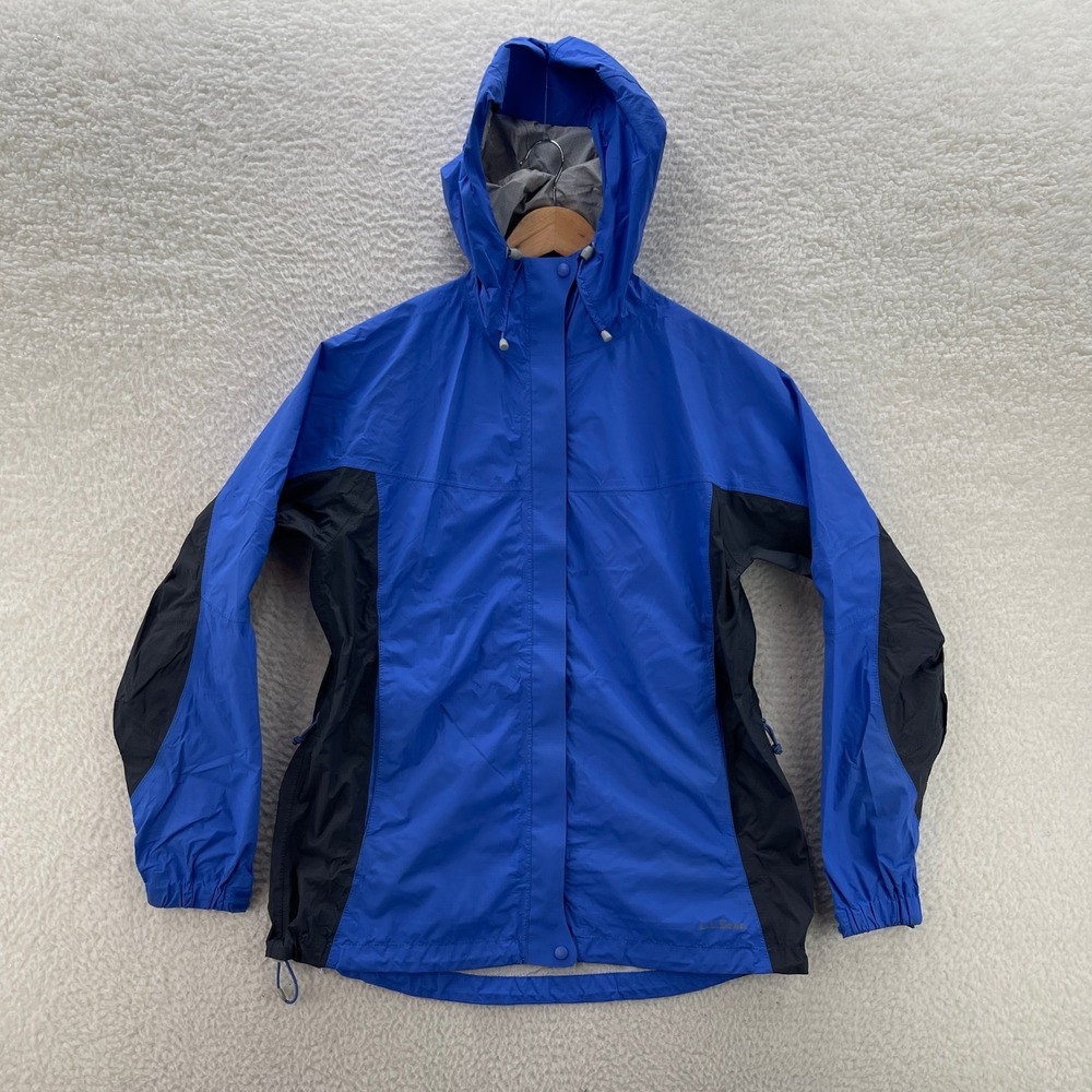 LL Bean Rain Jacket Womens Medium Blue Black Hooded Waterproof Outdoor Gorpcore
